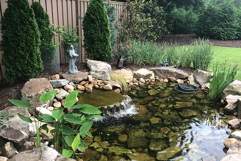 a waterfall into a pond in a back yard